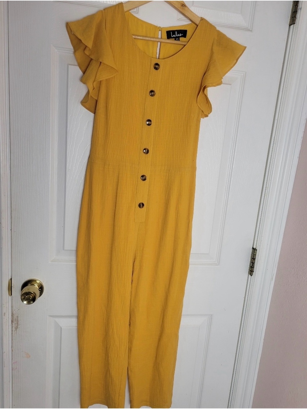 NWT Lulus Golden Yellow Cotton Button Front Flutter Sleeve Jumpsuit XS Fits S - Picture 3 of 10